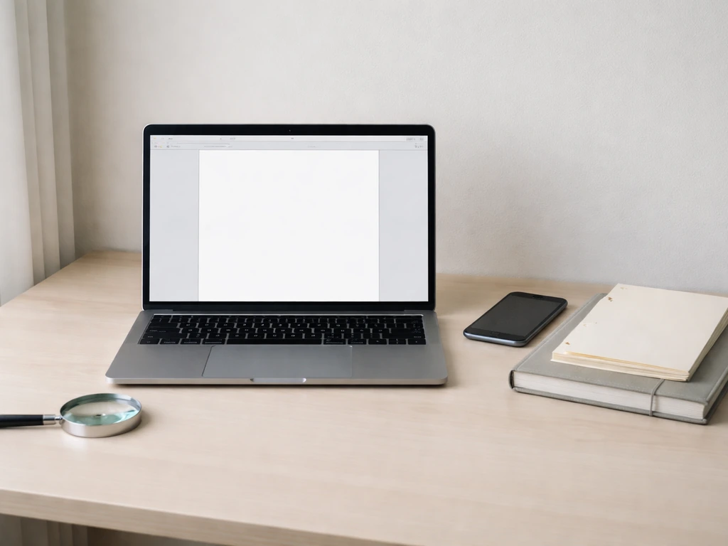 Minimal desk scene with laptop, phone, papers, and magnifying glass for verifying updated company numbers.