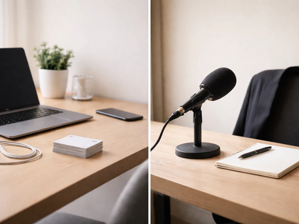 Minimal office desk with two separate business-style scenes suggesting two different public profiles.