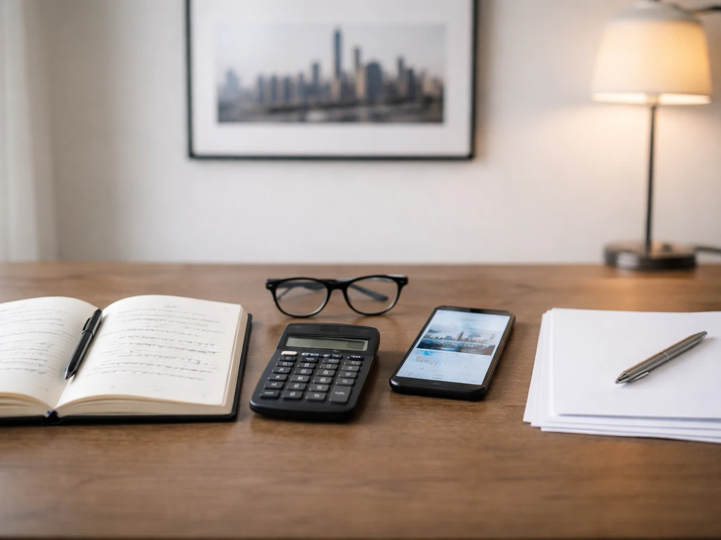 Minimal desk scene with calculator, notebook, blank papers, and blurred finance screen suggesting valuation steps.