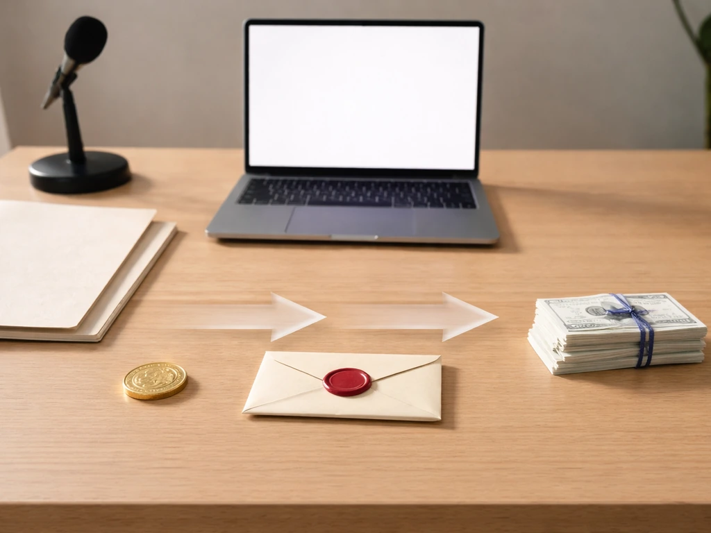 Minimal business desk with symbolic tokens and translucent arrows suggesting before/after valuation changes.