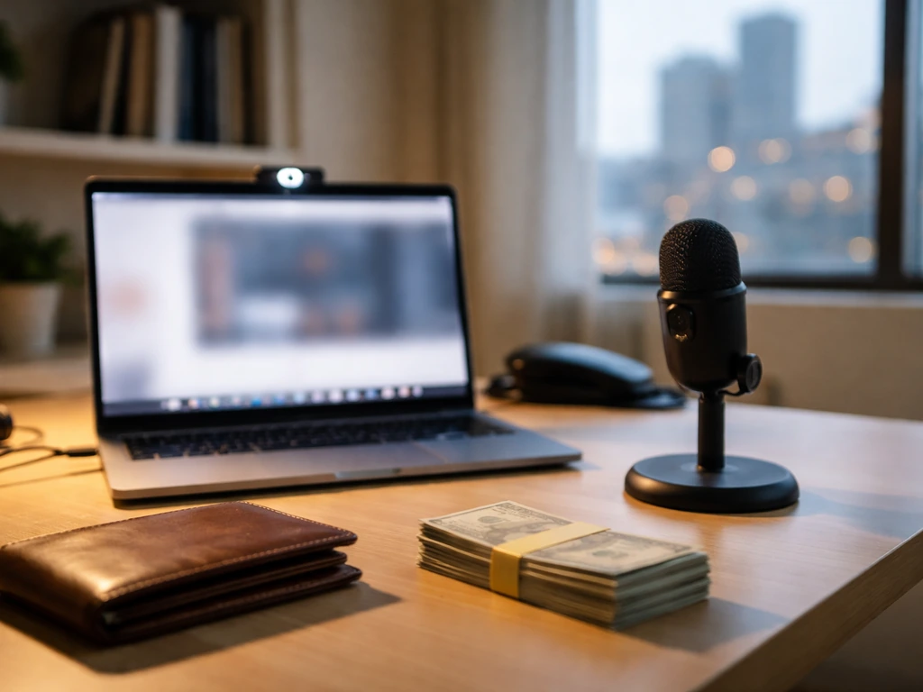 Laptop webcam setup on a desk with microphone and subtle money symbols, no people or text