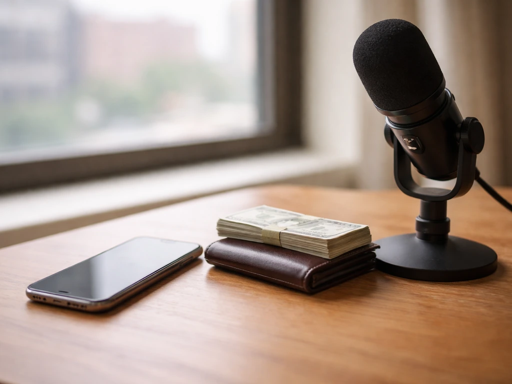 Minimal scene of a smartphone with a podcast-style microphone and banknotes on a desk for media vs wealth context.