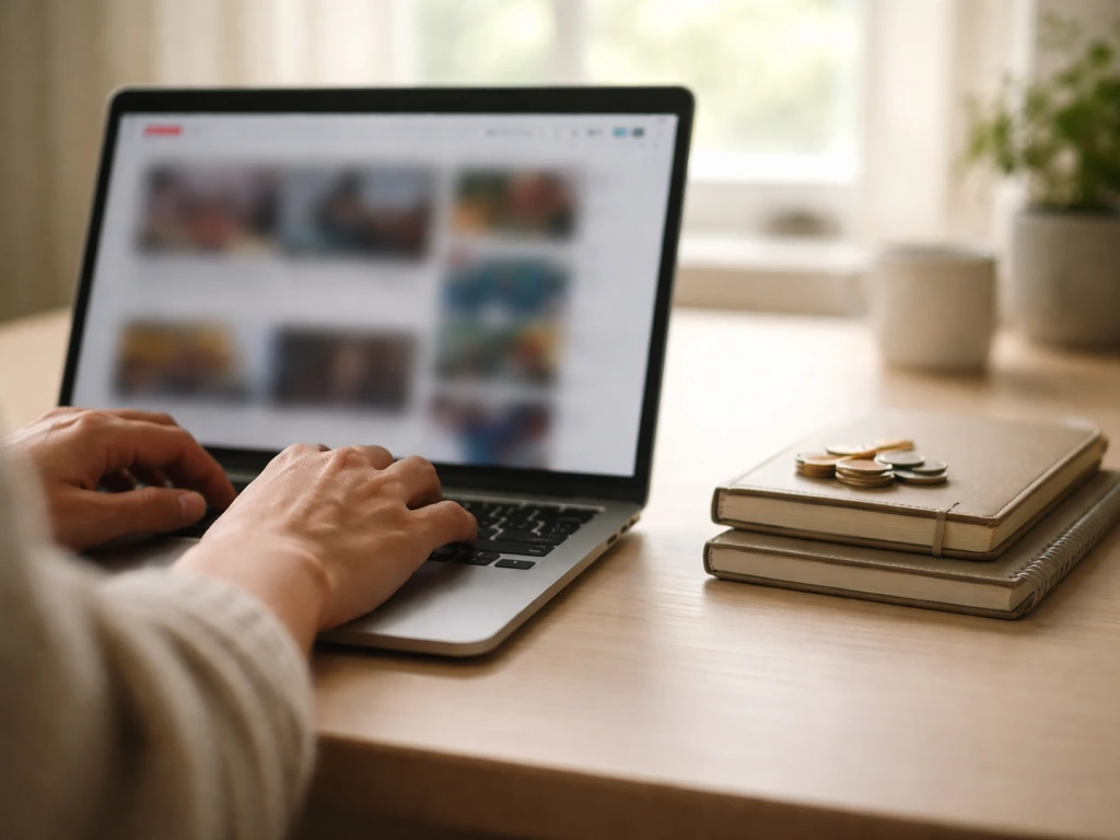 Minimal laptop desk scene with a blurred YouTube-style video thumbnail showing cash and media symbols