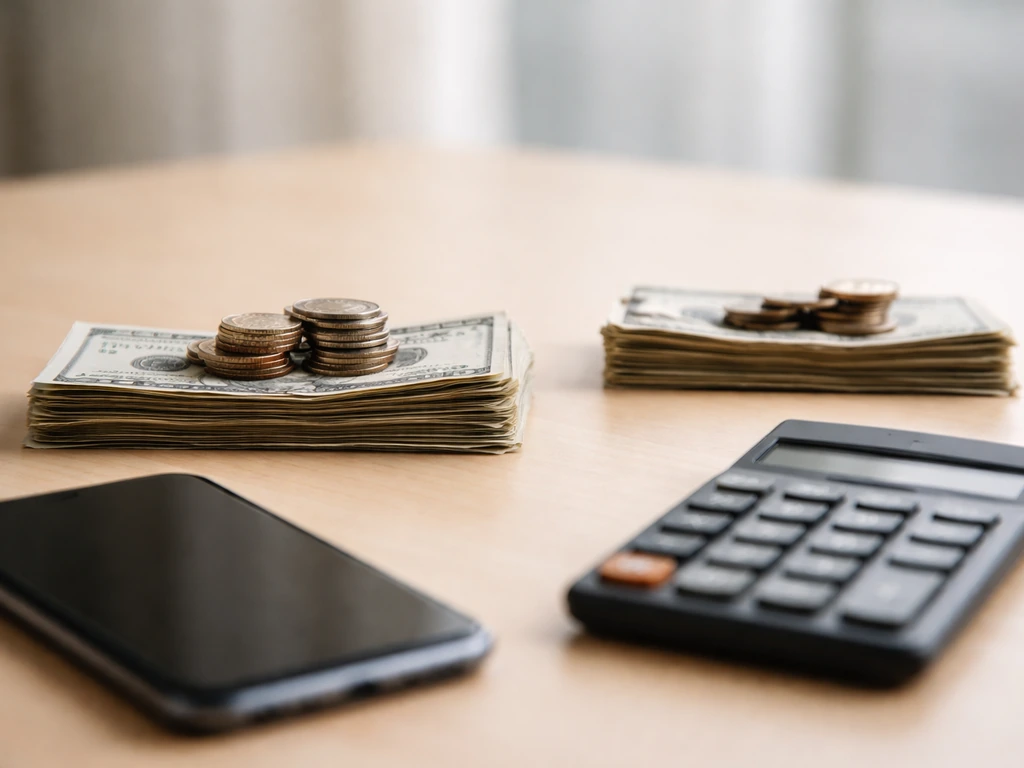Minimal desk with two different money piles and calculator, suggesting varying net worth estimates.