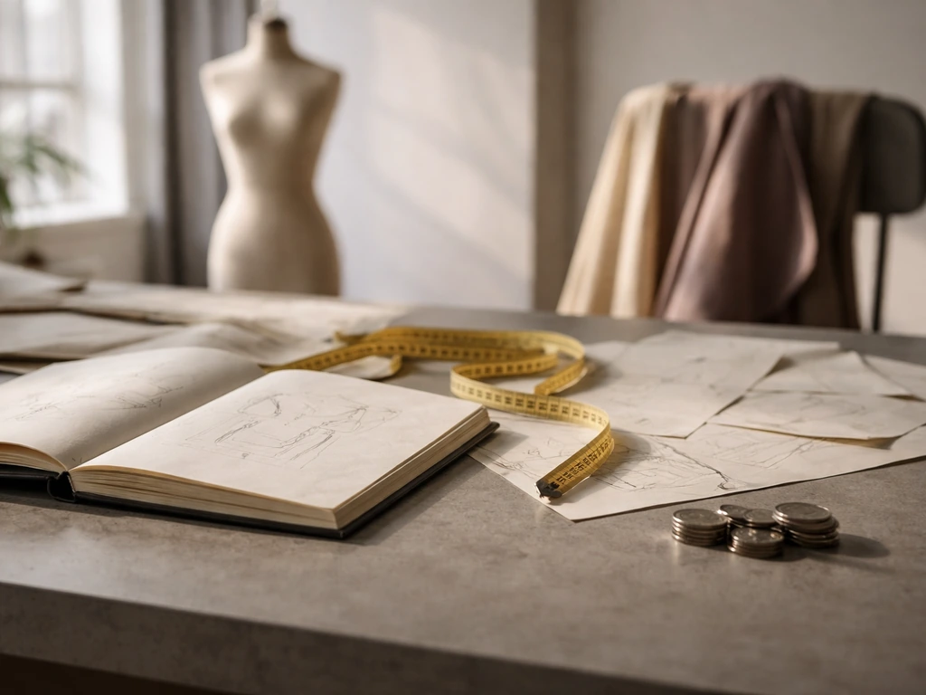 Minimal fashion studio desk with sketchbook, measuring tape, and a few coins for wealth context