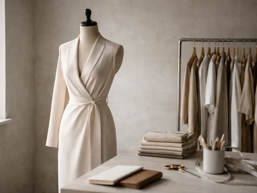 Minimal fashion studio scene with a draped garment on a mannequin and subtle wealth cues on a desk.