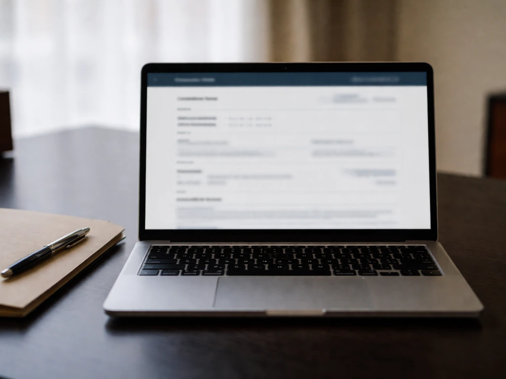 Close-up of a laptop showing a blurred Companies House-style filing entry on a dark office desk