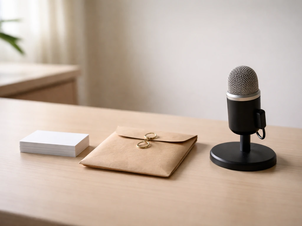 Close-up of a business desk with business cards, cash envelope, and a small microphone symbolizing income streams