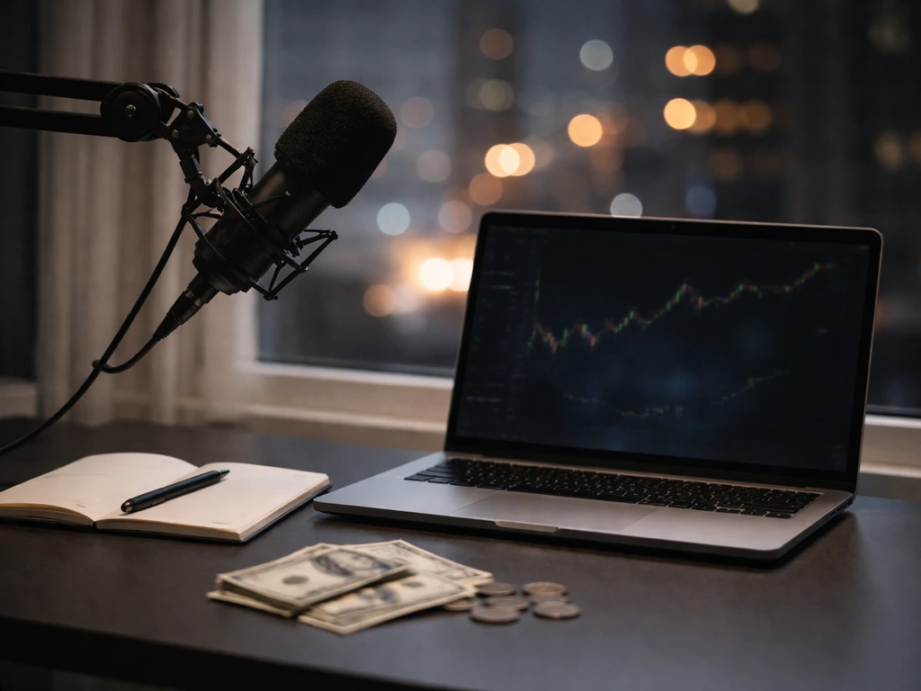 Minimal photo of a crypto-trading desk setup with a laptop, microphone, and scattered cash-like props