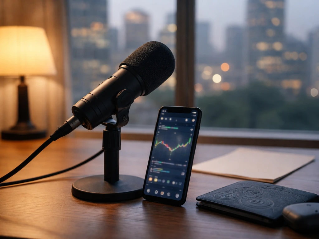 Minimal crypto media scene with anonymous microphone and smartphone, suggesting trading community disambiguation.