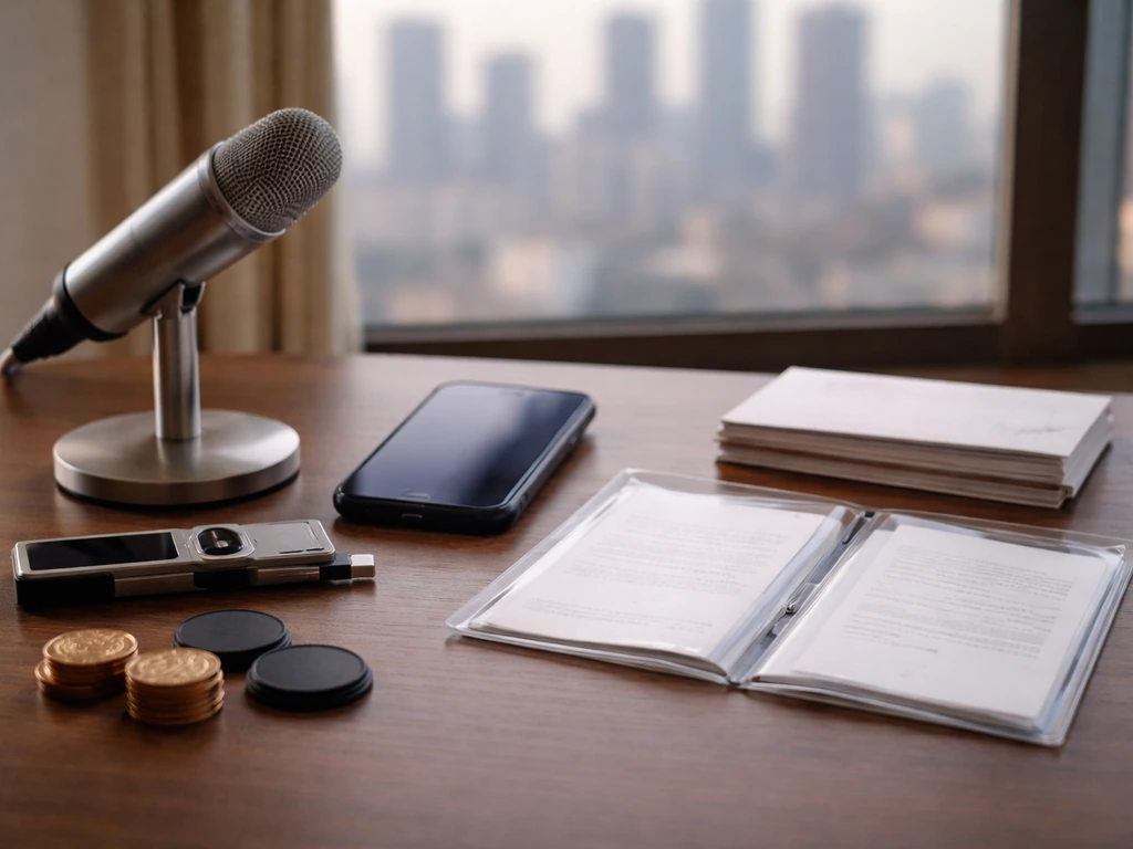 Minimal desk scene with hardware wallet, tokens, and blank papers symbolizing crypto and derivatives trading.
