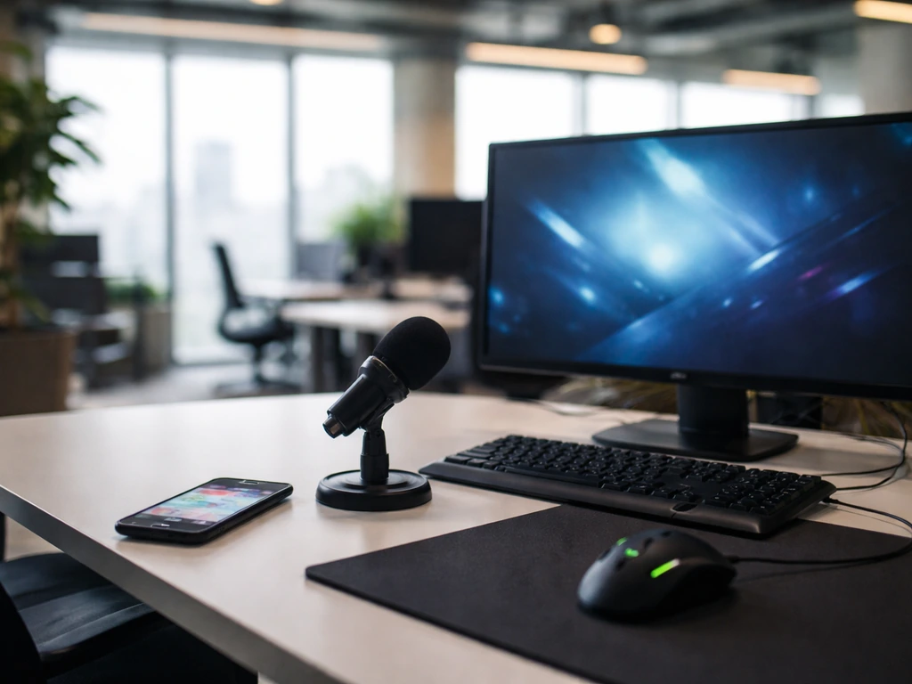 Empty gaming studio desk with phone and microphone in natural daylight, city skyline softly blurred behind.