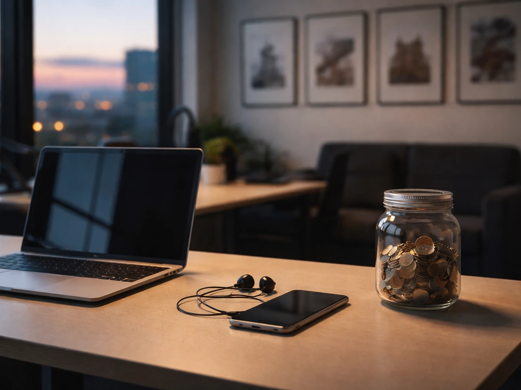 Modern studio desk with a money jar and studio gear, symbolizing a business acquisition event.