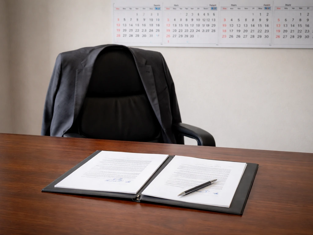 Executive desk with open contract folder and calendar pages showing a multi-month retention schedule