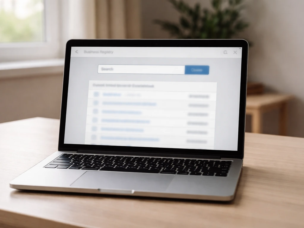 Laptop screen showing a blurred business registry search interface for verifying records by name or company