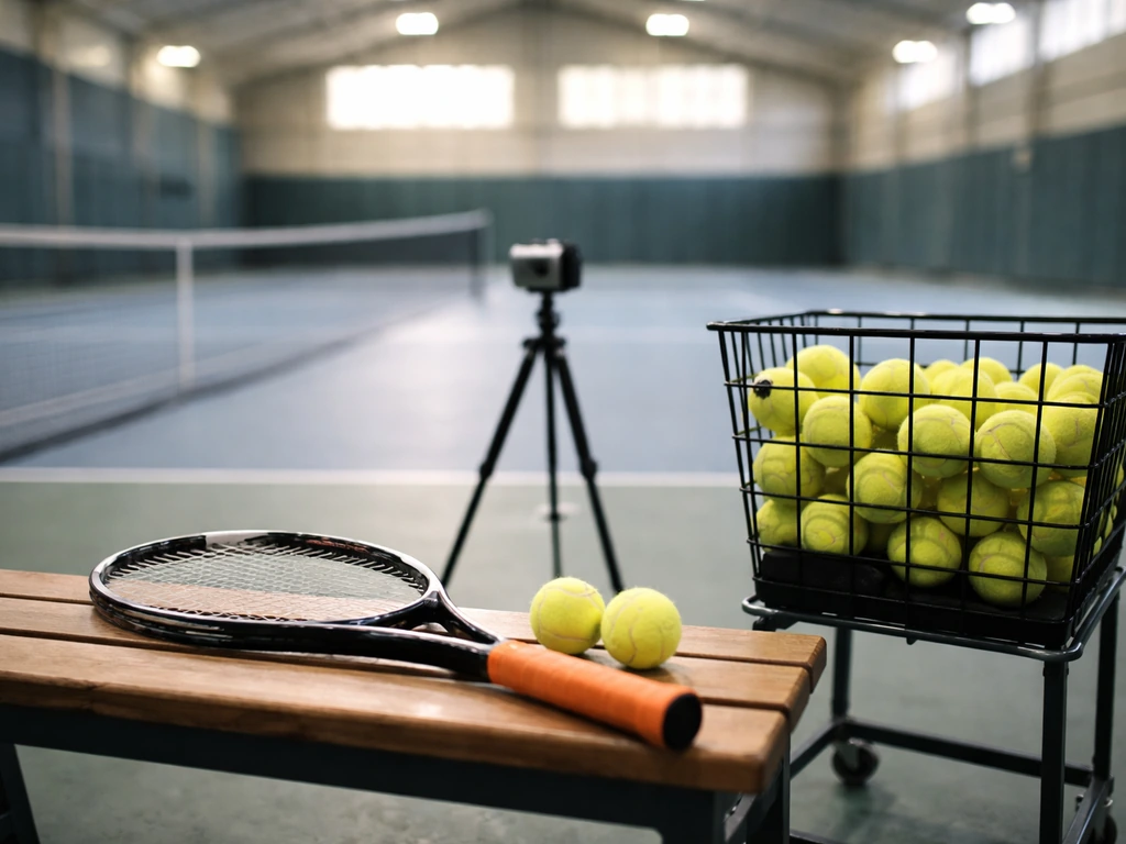 Minimal indoor tennis coaching scene with rackets, balls, and a tripod camera—no people visible.