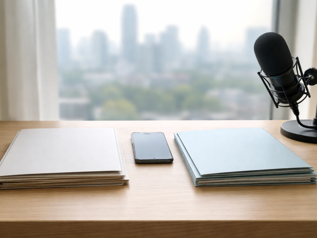 Minimal desk with podcast mic, phone, and two stacks of blank folders suggesting identity verification.