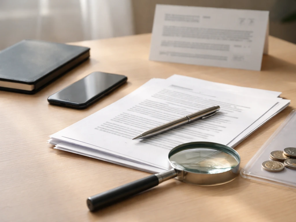 Minimal desk scene with blurred research papers, a magnifying glass, and coins suggesting repeated net worth claims.