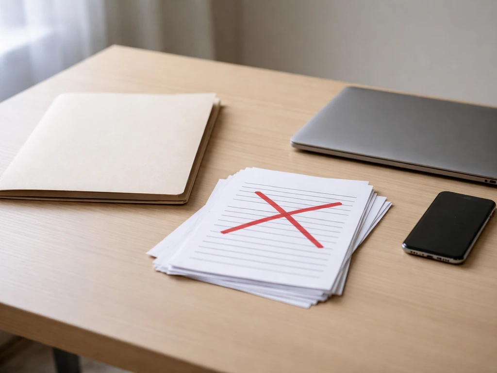 Desk with blank documents and red cross-outs beside a closed laptop, suggesting missing verified records.