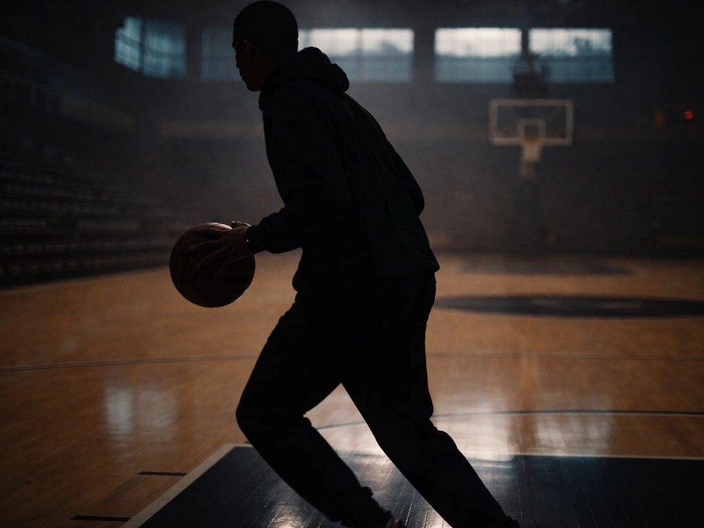 Basketball arena at dusk with a focused athlete silhouette holding a ball, suggesting pro sports earnings.