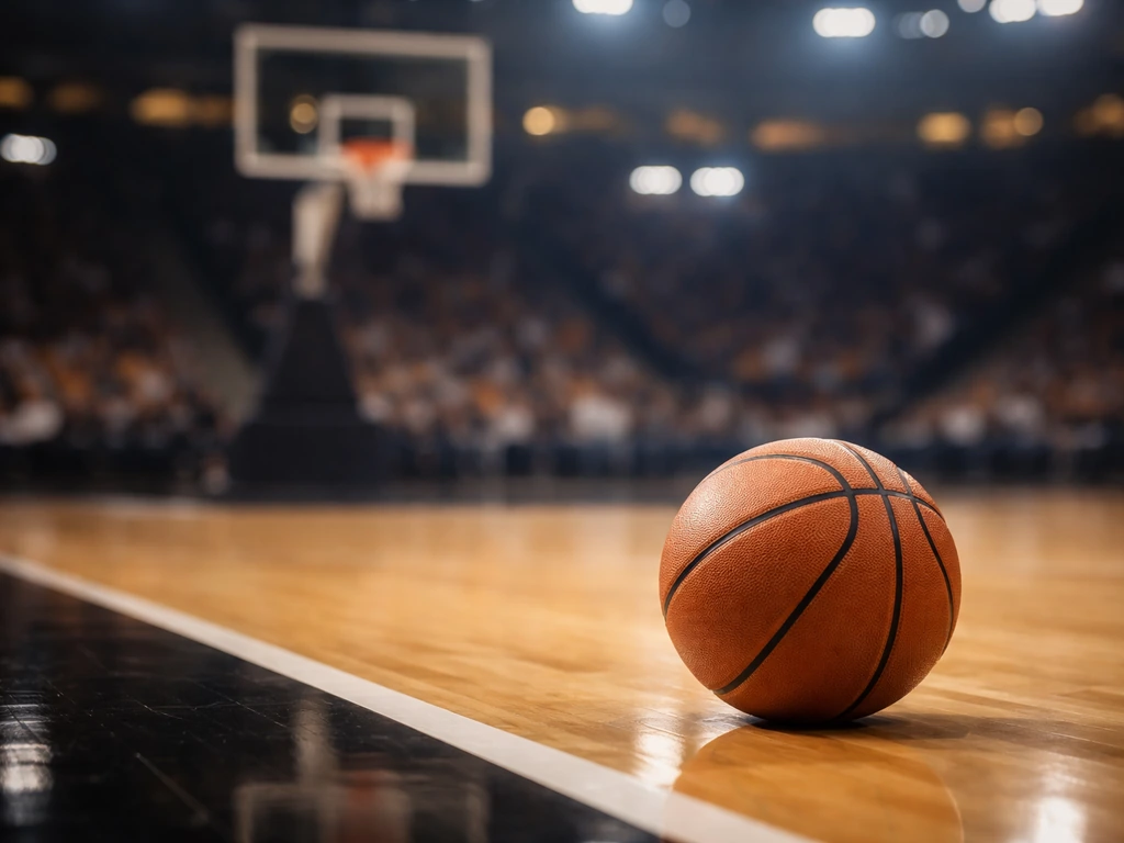 Indoor arena scene with a basketball on the floor near the hoop, no people visible.