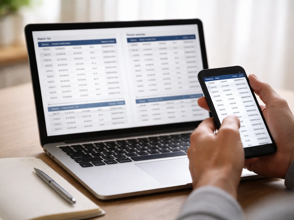 Hands comparing two earnings-related web pages on a laptop with a notebook nearby