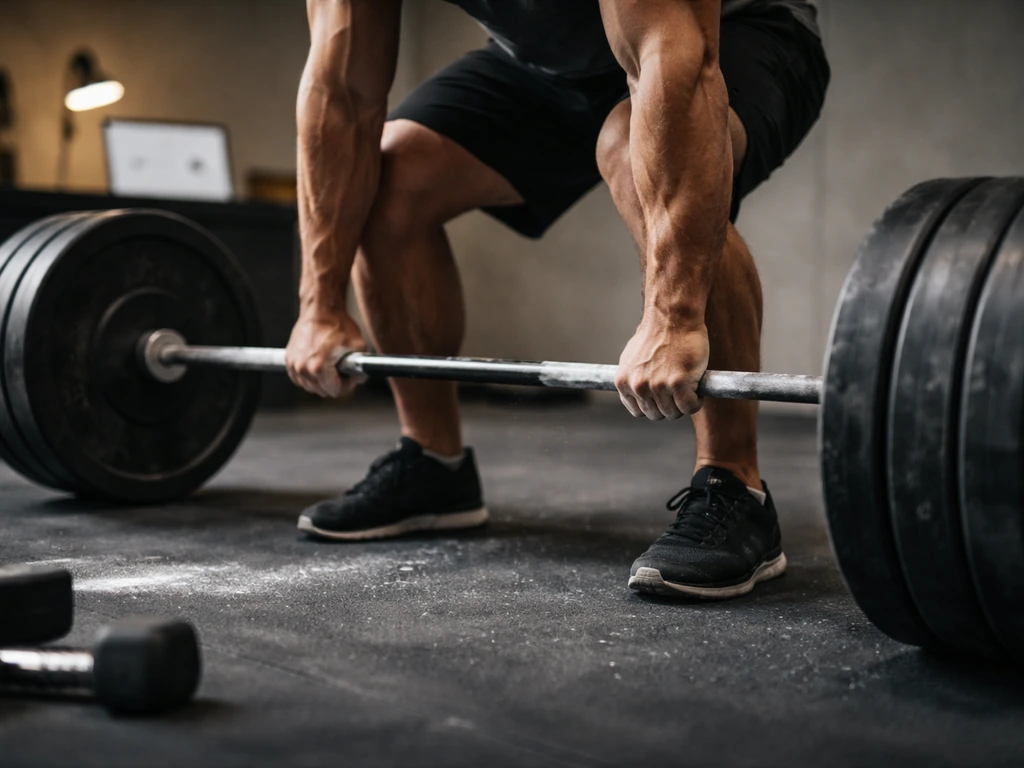Anonymous strongman mid-deadlift in a minimal gym, with a blurred desk and laptop implying wealth analysis