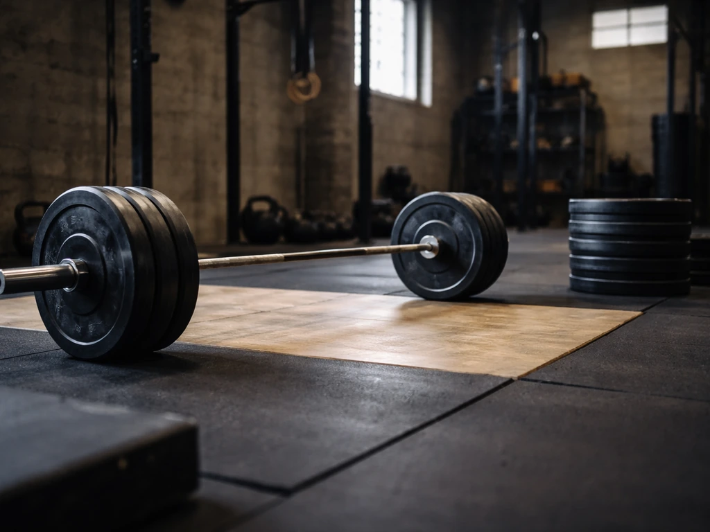 Minimal photo of a heavy gym barbell on the floor with weights nearby, suggesting strength and net-worth interest.
