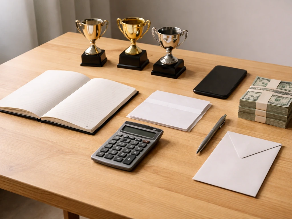 Minimal desk scene with trophies, calculator, notebook, and cash suggesting how net worth estimates are built