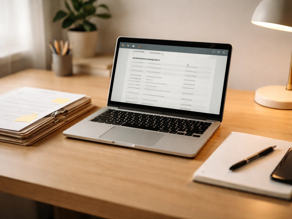 Minimal desk scene with laptop showing a generic registry search, documents folder, and pen note-taking.