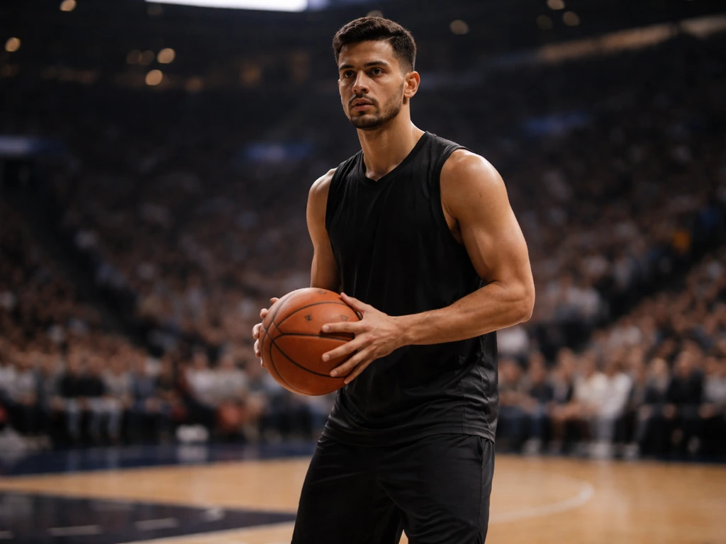 Vladimir Radmanović basketball player in an NBA arena, holding a ball mid-action
