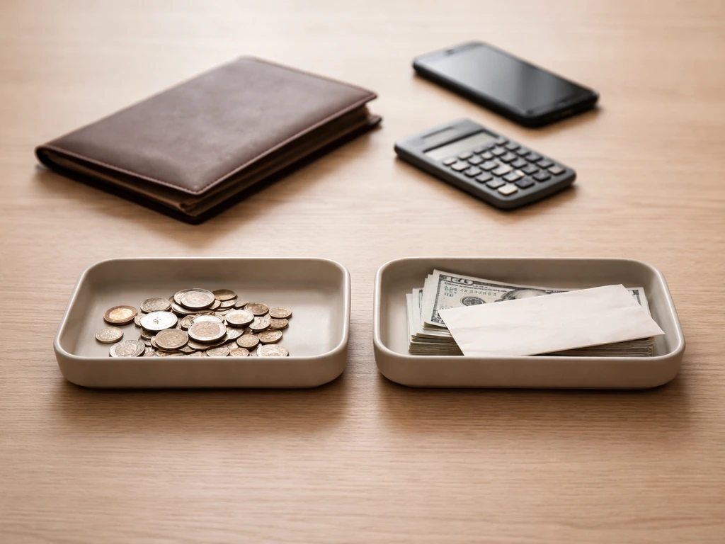 Minimal desk scene with coins and a portfolio on one side and bills and an envelope on the other.