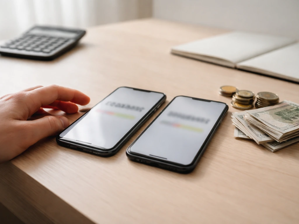 Minimal desk scene with two smartphones showing different cash amounts as blurred, unlabeled reflections