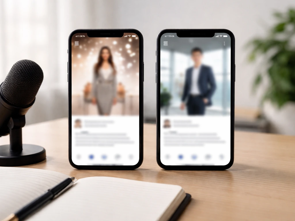 Two side-by-side phone screens on a desk showing different lifestyle vs business-style social cues.