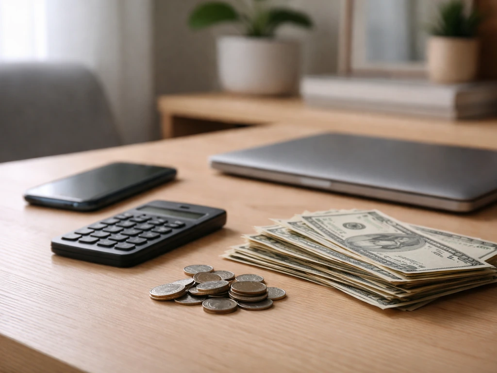 Minimal desk scene with a calculator, scattered cash, and a blurred phone for creator finance context