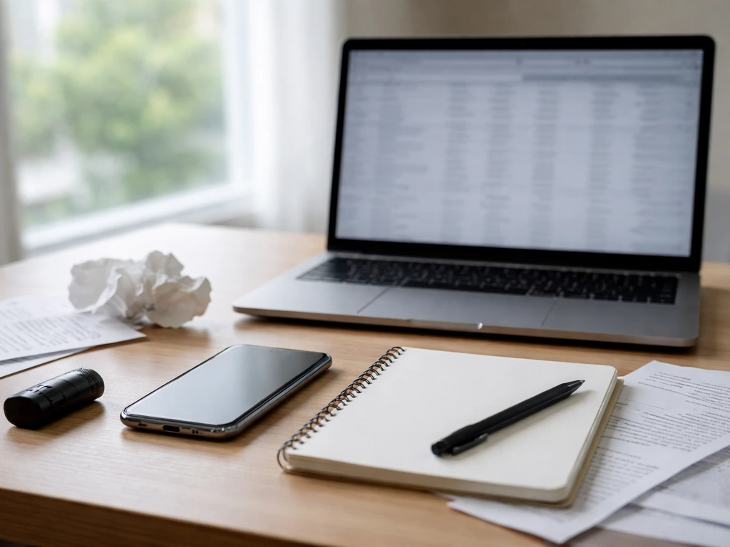 Minimal desk scene with microphone, phone, and blank documents symbolizing uncertainty in verifying business claims.