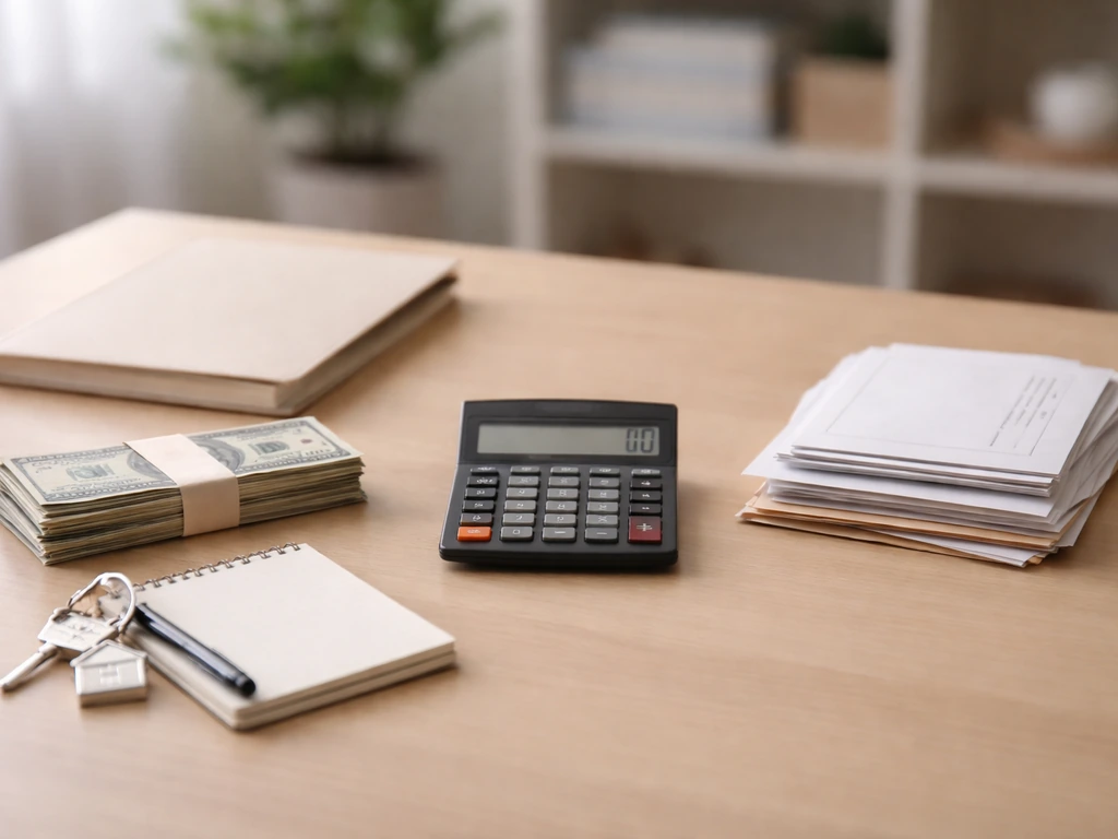 Minimal studio desk scene symbolizing assets and liabilities with money envelopes and a calculator
