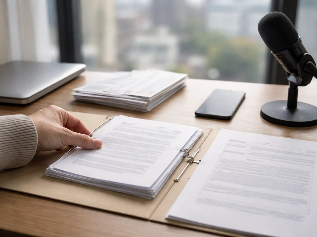 Desk scene with documents and phone near a microphone, suggesting compiling financial and investigative materials.