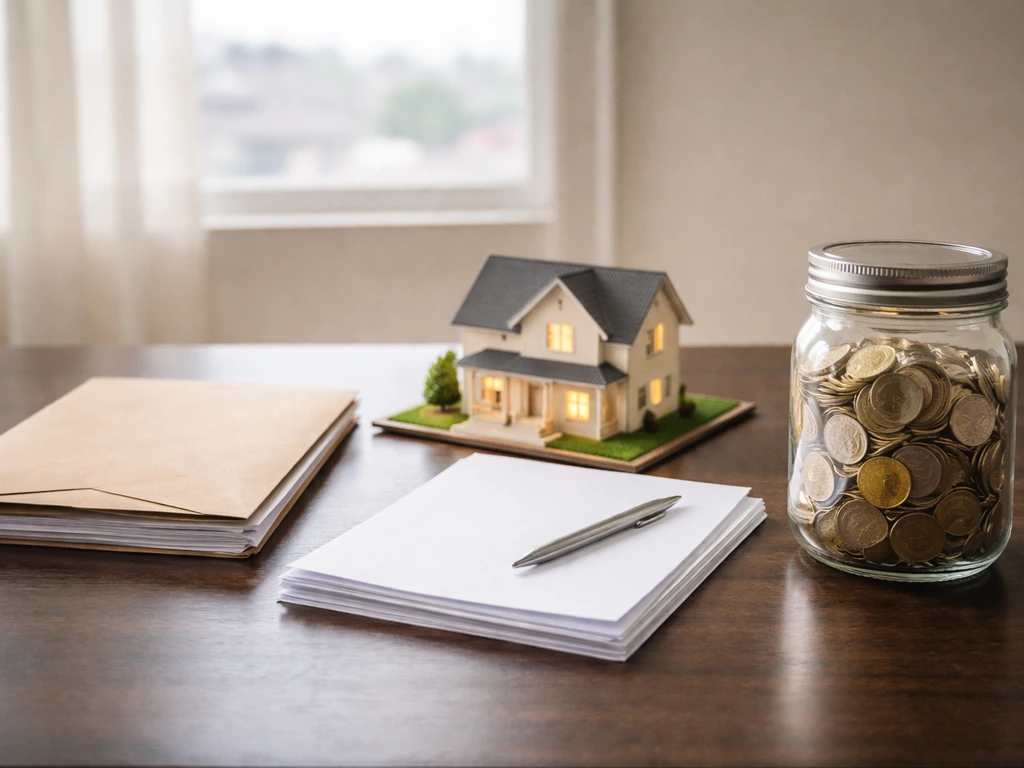 Desk with blank official documents, a small house model, and coins in a jar suggesting salary, property, and investments