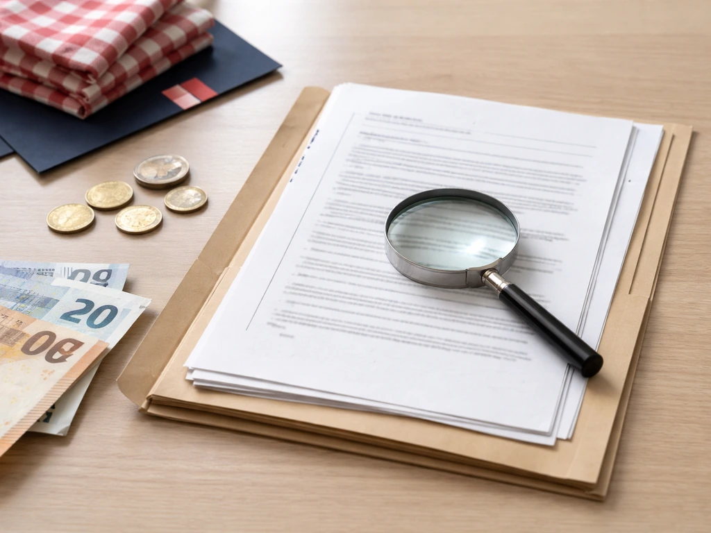 Magnifying glass over public-record documents with coins and Croatian-themed papers on a desk.