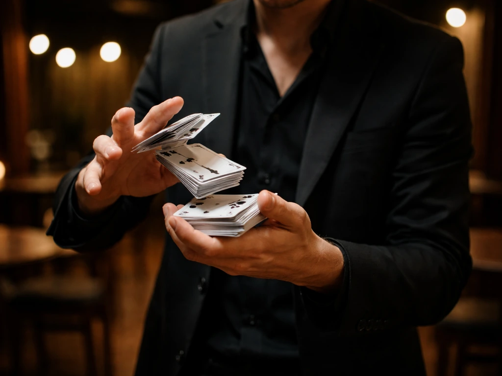 Croatian magician performing close-up tricks with playing cards in a small theater setting