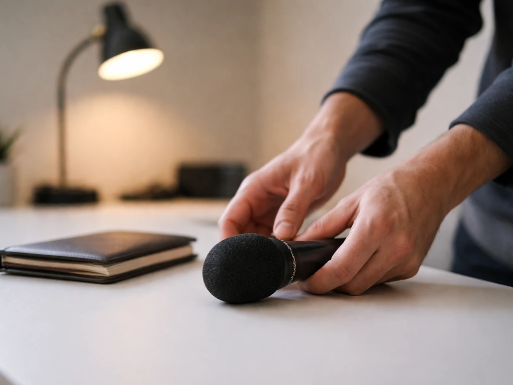 Minimal photo of an elegant office desk with a small microphone and money-related objects symbolizing income sources.