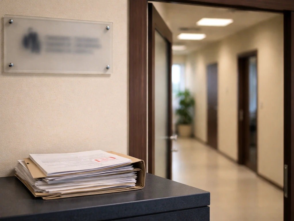 Office entrance with APR sign and corporate document folders on a desk, photographed candidly.