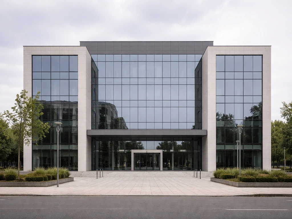 Comtrade Group headquarters exterior in a modern business district with a Balkan-inspired atmosphere.