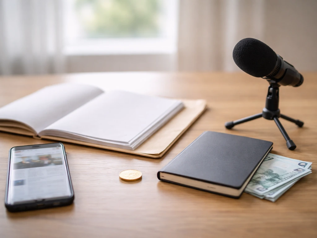 Minimal finance desk scene with blurred news page, papers, microphone, and a few coins suggesting ranking cross-checking