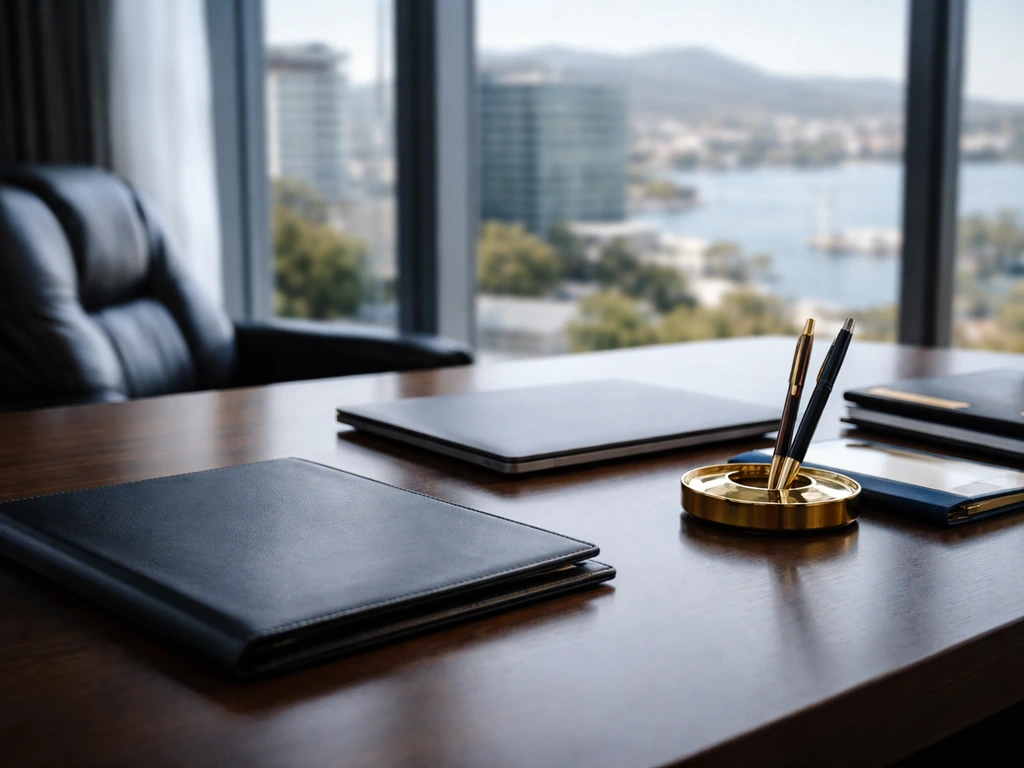 Minimal luxury office desk with finance cues and a blurred Croatian corporate skyline, no people or text.