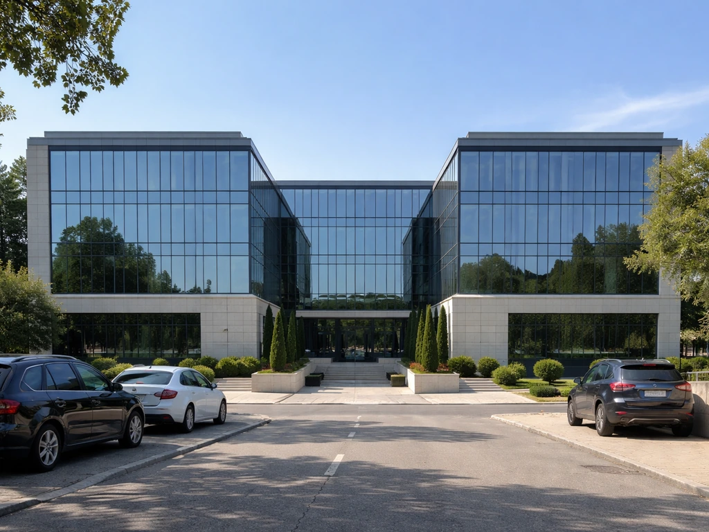Croatian corporate office building resembling Adris headquarters, quiet street and glass facade in daylight.