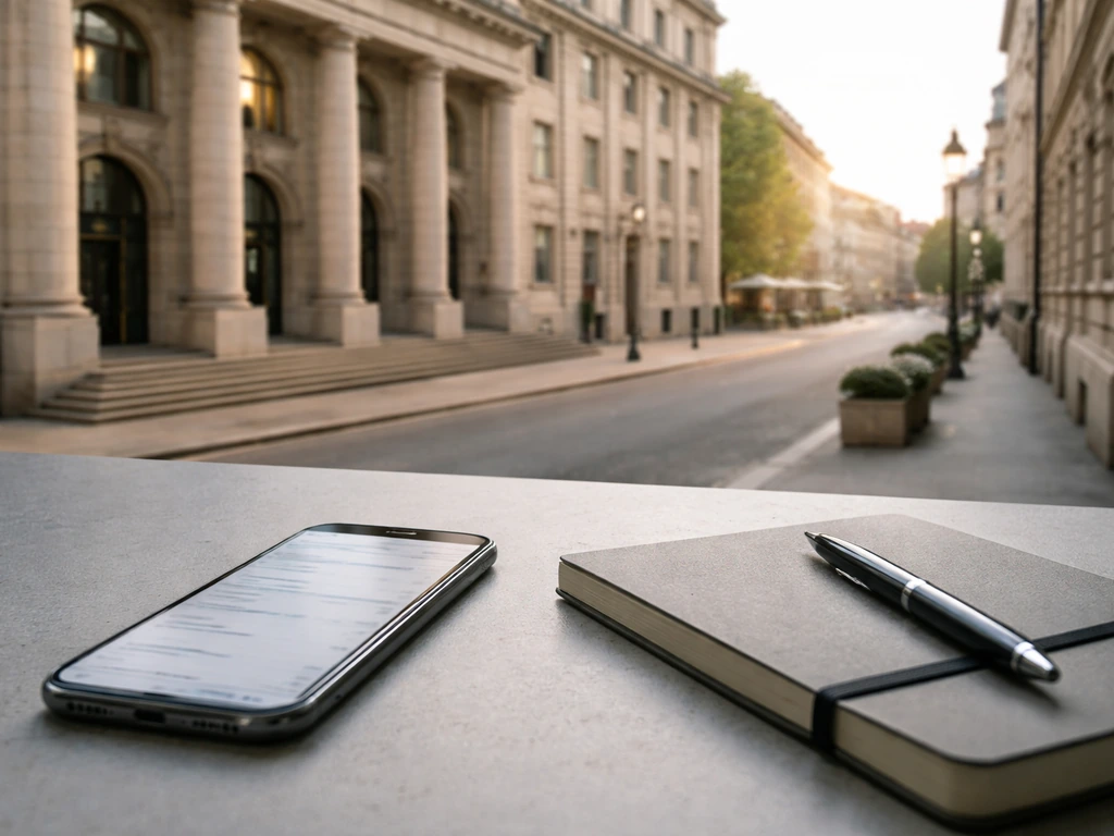 Zagreb Stock Exchange exterior with a desk and smartphone showing a blurred registry-style page, no text