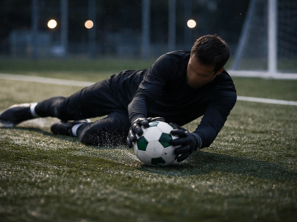 Anonymous goalkeeper diving to save a ball on a wet pitch under soft stadium lights.