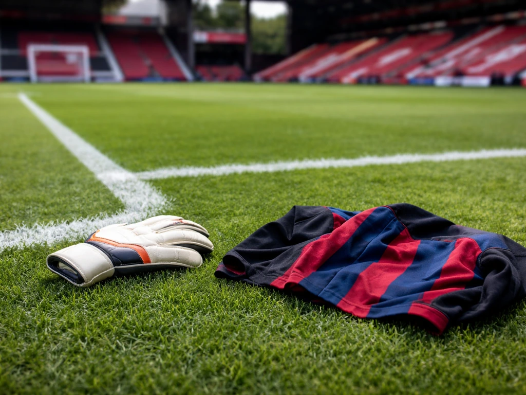 Bournemouth-style goalkeeper gloves and kit laid on the pitch in a quiet stadium setting.